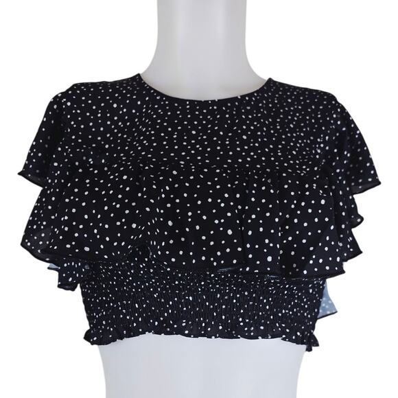 Blue Life Black Poka Dot Crop Ruffle Women Blouse Size S - Picture 1 of 4